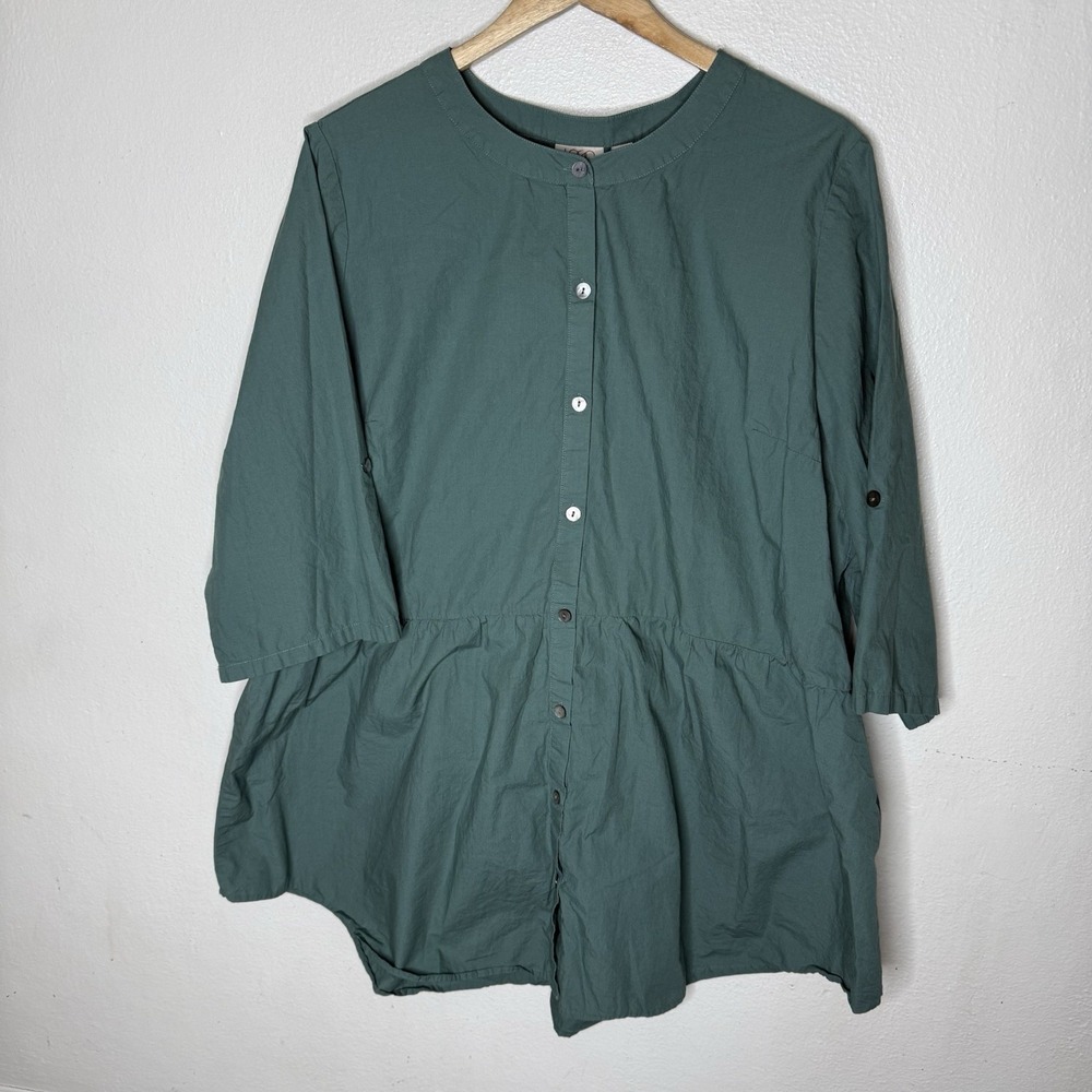LOGO Lori Goldstein Woven Button Front Tunic‎ Waist Seam Green Womens 1X